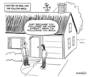 Cartoon about Following on Twitter vs. real life. Courtesy HubSpot