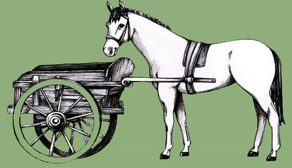 Illustration of a horse being drawn by a cart in front of it