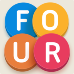 Four colored circles each with a letter on them, spelling out the word four.