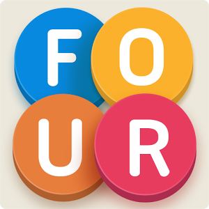 Four colored circles each with a letter on them, spelling out the word four.