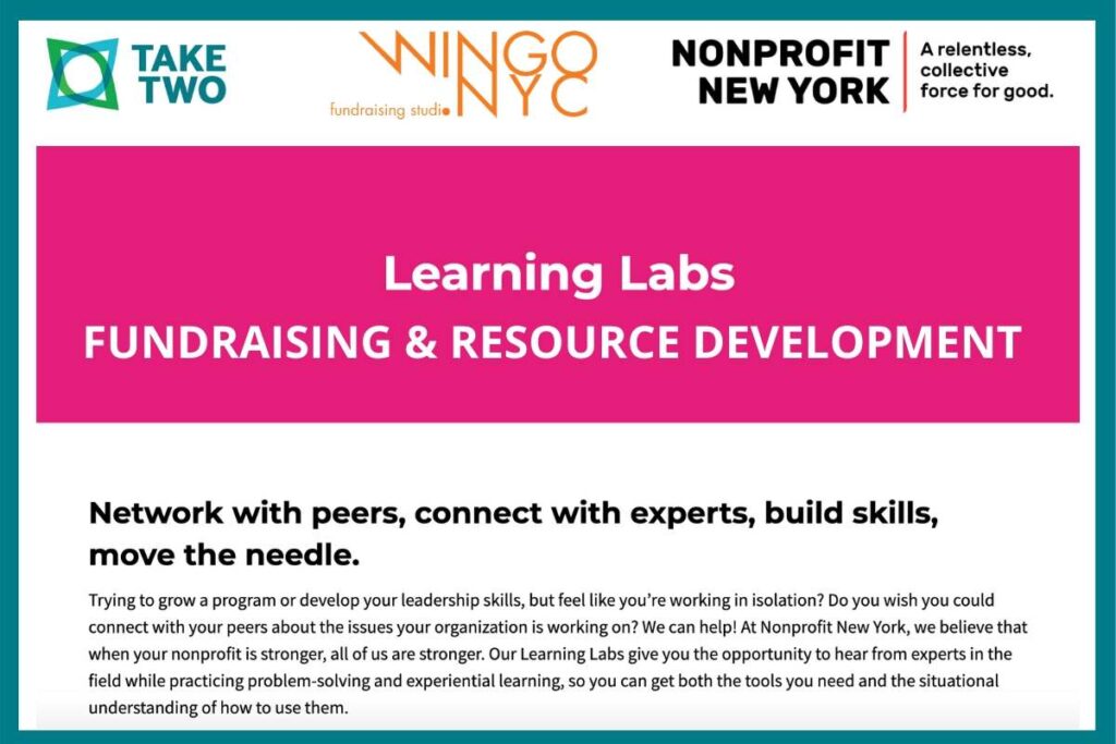 TakeTwo and Wingo NYC are teaming up with Nonprofit New York for their Fundraising and Resource Development Learning Lab series. Starting July 21, this lab will explore best practices and cover what to do now that everything is changing. Nonprofit New York’s Learning Labs are a five-part, cohort-based training series for nonprofit professionals looking to develop skills and implement best fundraising practices.