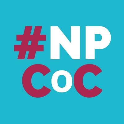 Teal background with #NPCoC in red and white text